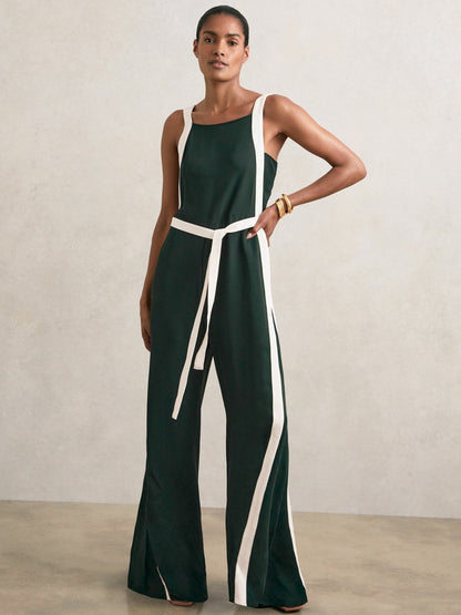 Reiss Petite Colourblock Wide Leg Belted Jumpsuit in Dark Green/Cream