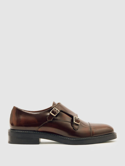 Reiss Leather Double-Strap Monk Shoes in Tan