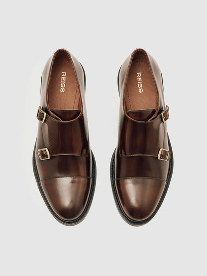 Reiss Leather Double-Strap Monk Shoes in Tan