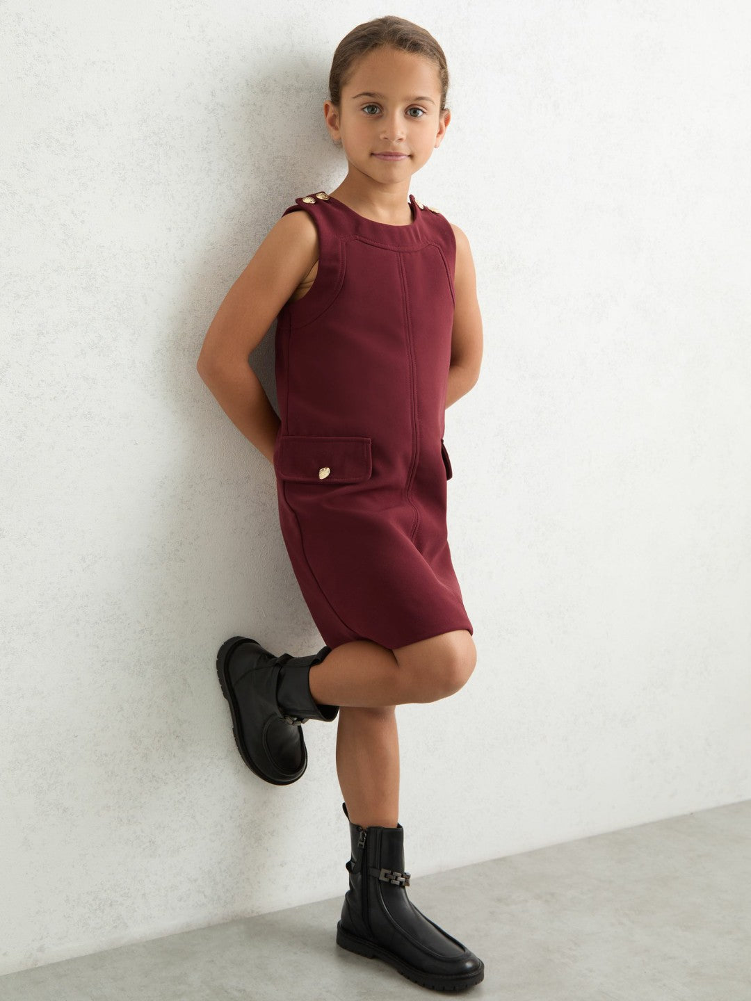 Reiss 9-13 yrs Button-Detail Sleeveless Shift Dress in Berry