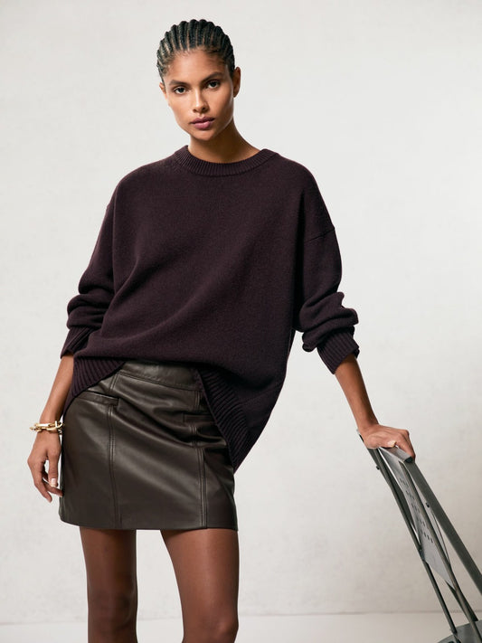 Reiss Leather Welt-Pocket Mini Skirt in Burgundy