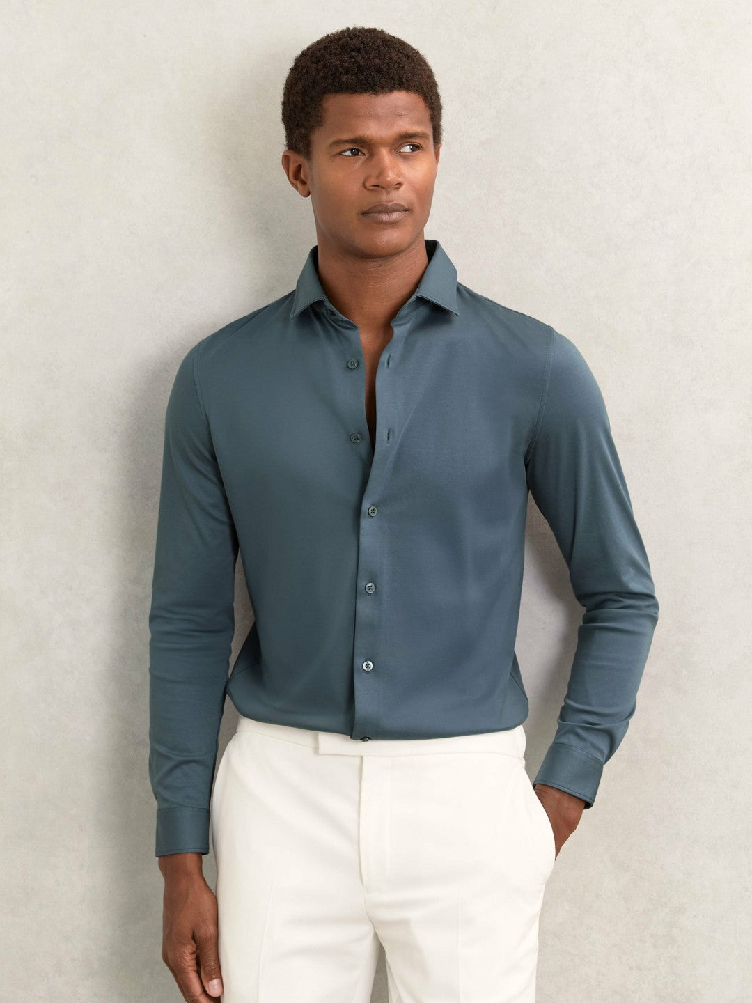 Reiss Cotton-Jersey Button-Through Shirt in Airforce Blue
