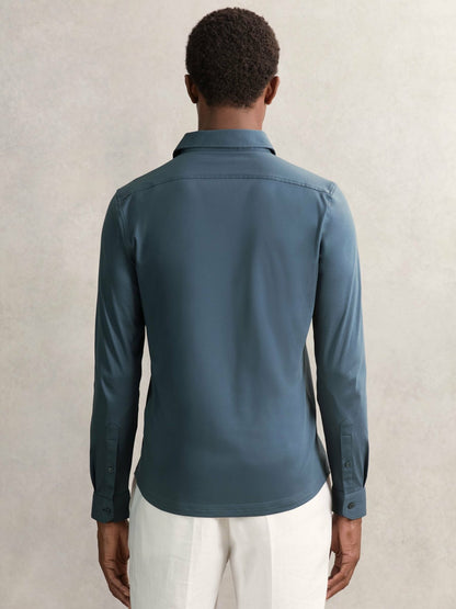 Reiss Cotton-Jersey Button-Through Shirt in Airforce Blue