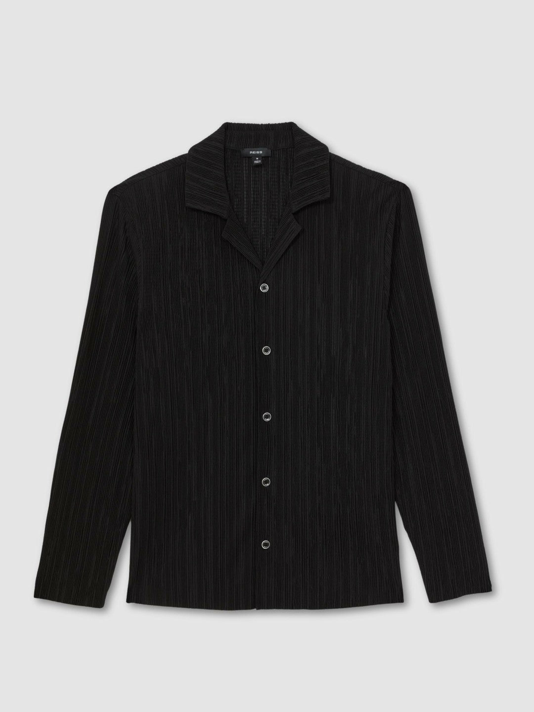Reiss Plissé Cuban-Collar Long-Sleeve Shirt in Black