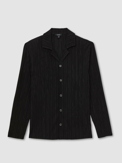 Reiss Plissé Cuban-Collar Long-Sleeve Shirt in Black