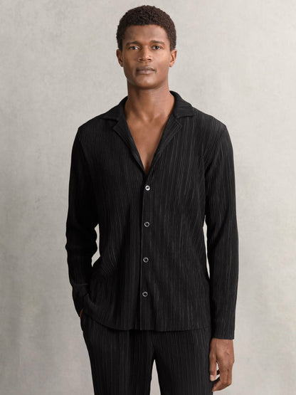 Reiss Plissé Cuban-Collar Long-Sleeve Shirt in Black