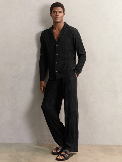 Reiss Plissé Cuban-Collar Long-Sleeve Shirt in Black