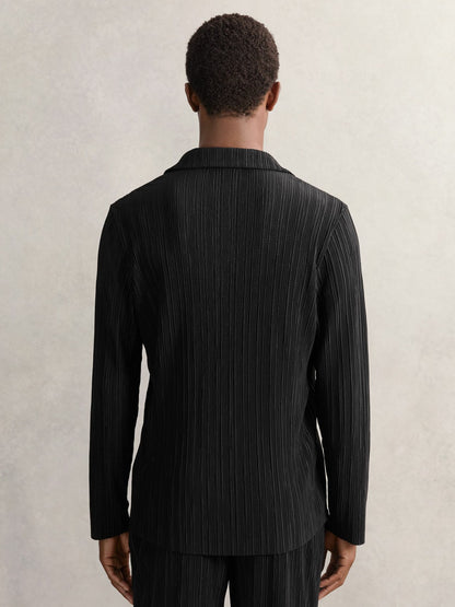 Reiss Plissé Cuban-Collar Long-Sleeve Shirt in Black