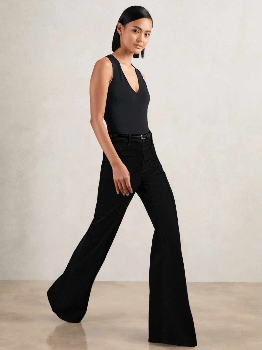 Reiss Petite Patch-Pocket Flared Jeans in Black