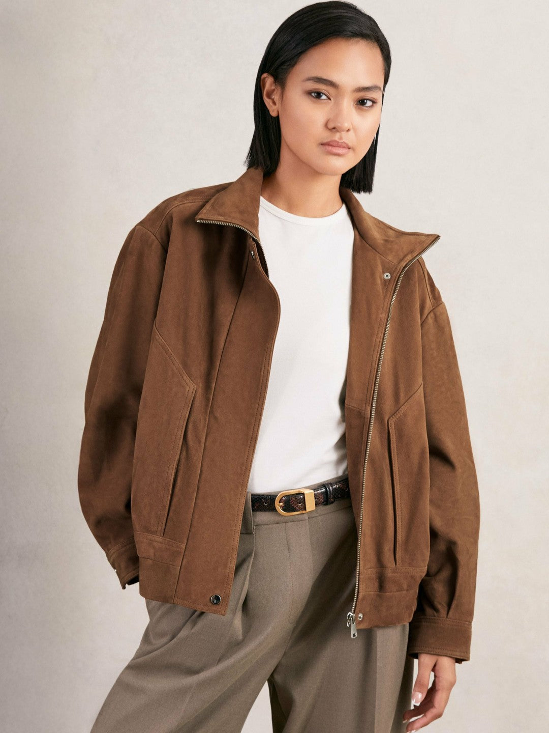 Reiss Suede Funnel-Neck Bomber Jacket in Tan