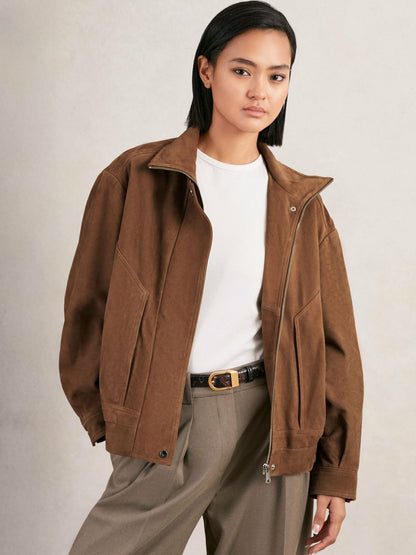 Reiss Suede Funnel-Neck Bomber Jacket in Tan