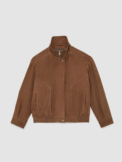 Reiss Suede Funnel-Neck Bomber Jacket in Tan