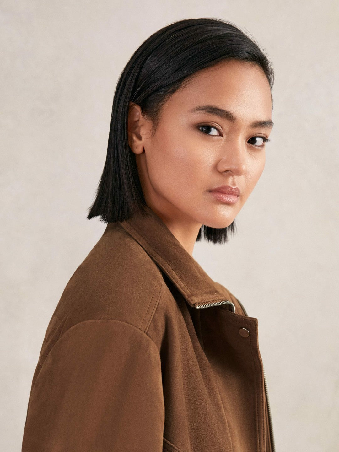 Reiss Suede Funnel-Neck Bomber Jacket in Tan
