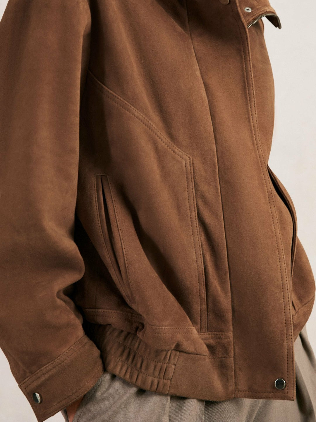 Reiss Suede Funnel-Neck Bomber Jacket in Tan
