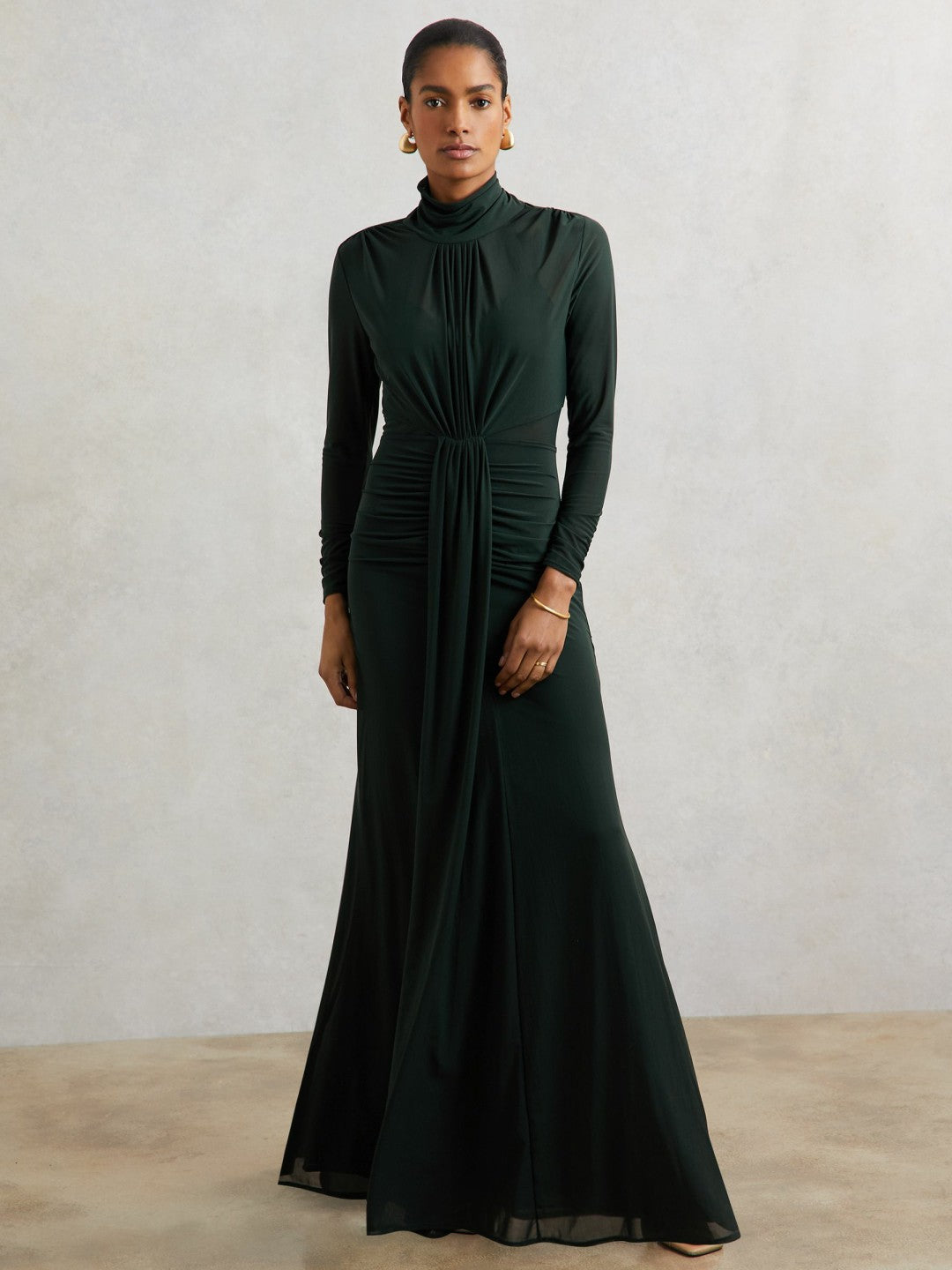 Reiss Petite Ruched Long-Sleeve Maxi Dress in Dark Green