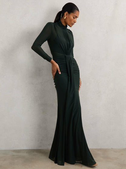 Reiss Petite Ruched Long-Sleeve Maxi Dress in Dark Green