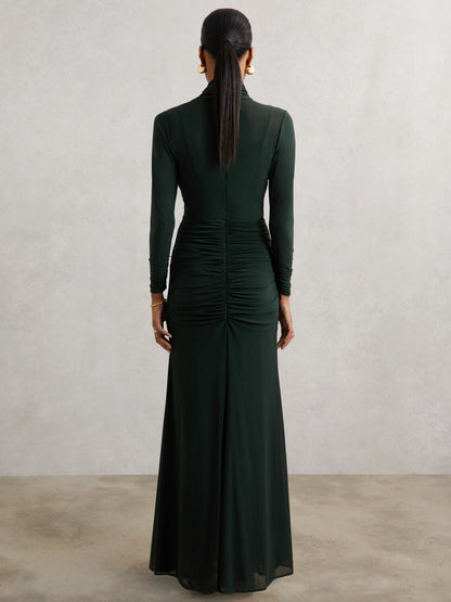 Reiss Petite Ruched Long-Sleeve Maxi Dress in Dark Green