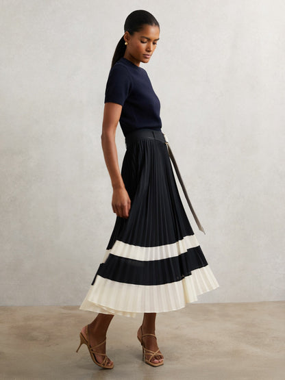 Reiss Belted Pleated Midi Skirt in Navy/Ivory