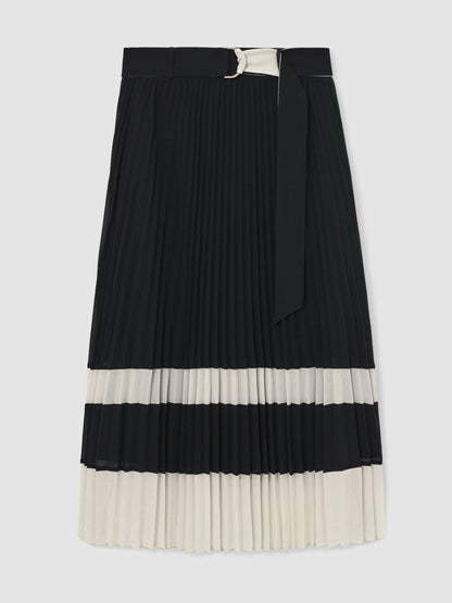 Reiss Belted Pleated Midi Skirt in Navy/Ivory