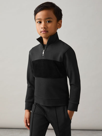 Reiss 9-13 yrs Interlock Velour-Panel Zip Sweatshirt in Black
