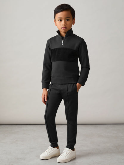 Reiss 9-13 yrs Interlock Velour-Panel Zip Sweatshirt in Black