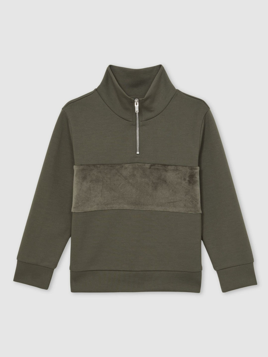 Reiss 3-9 yrs Slim Fit Half-Zip Funnel Neck Velour Sweatshirt in Dark Sage Green