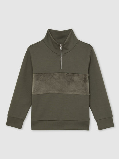 Reiss 3-9 yrs Slim Fit Half-Zip Funnel Neck Velour Sweatshirt in Dark Sage Green