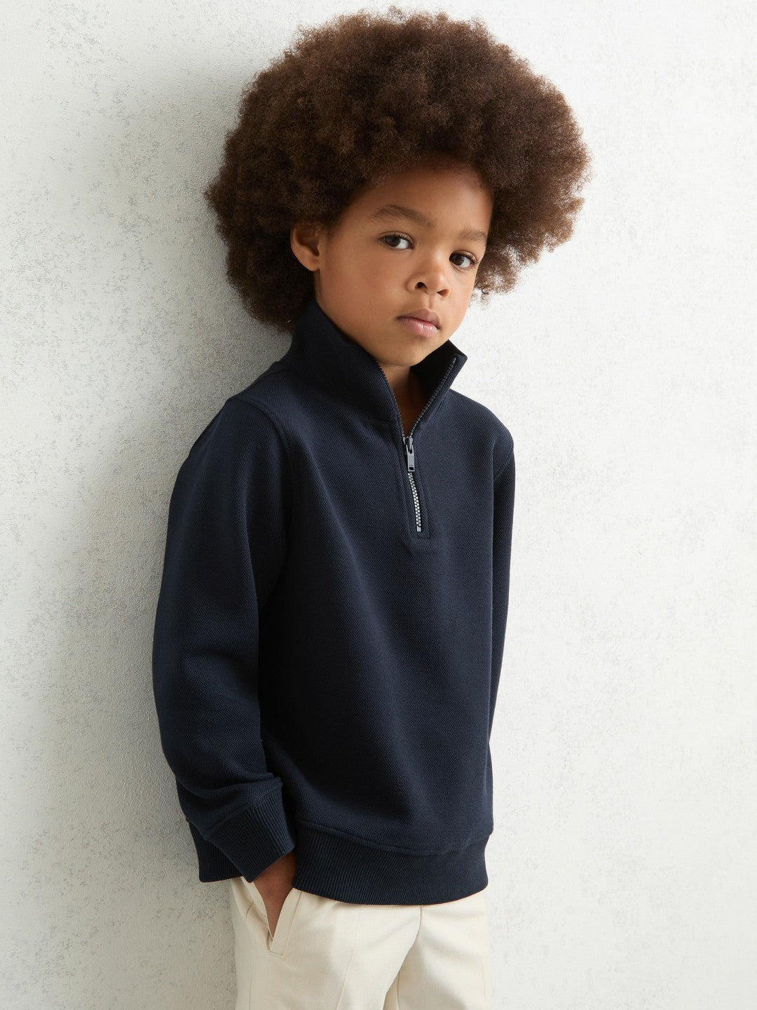 Reiss 3-9 yrs Textured Half-Zip Sweatshirt with Cotton in Navy