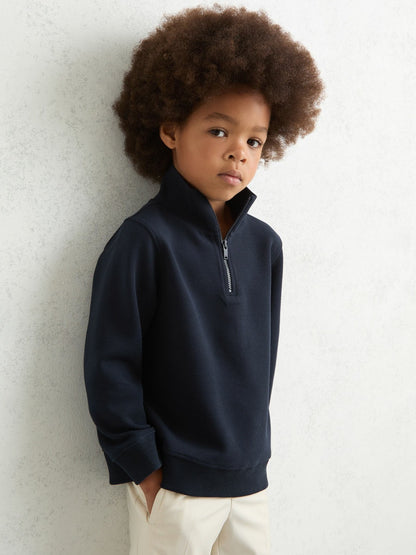 Reiss 3-9 yrs Textured Half-Zip Sweatshirt with Cotton in Navy