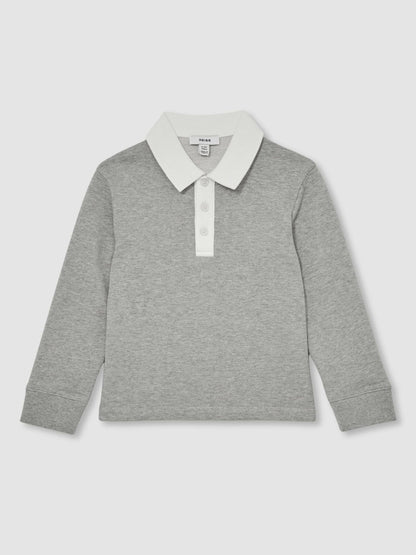 Reiss Cotton Half-Button Rugby Polo Shirt in Grey Marl/White