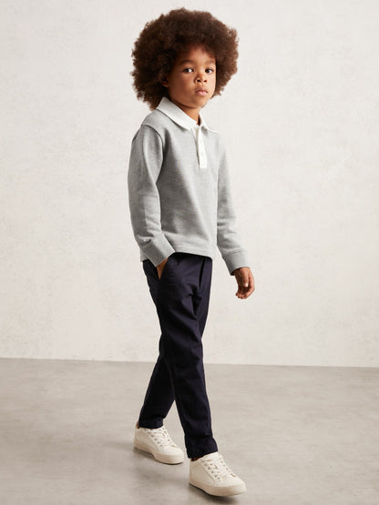 Reiss Cotton Half-Button Rugby Polo Shirt in Grey Marl/White
