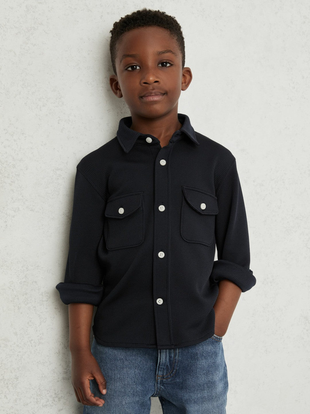 Reiss 9-13 yrs Waffle-Textured Twin-Pocket Overshirt in Navy