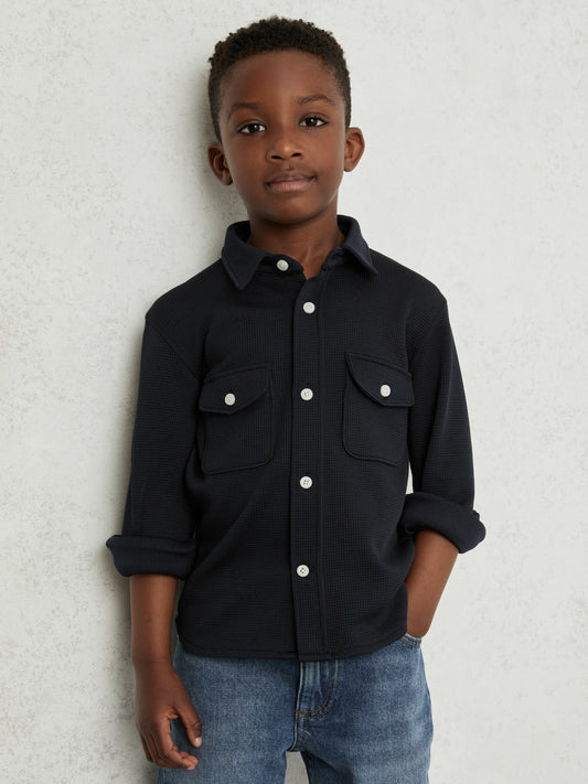 Reiss 9-13 yrs Waffle-Textured Twin-Pocket Overshirt in Navy