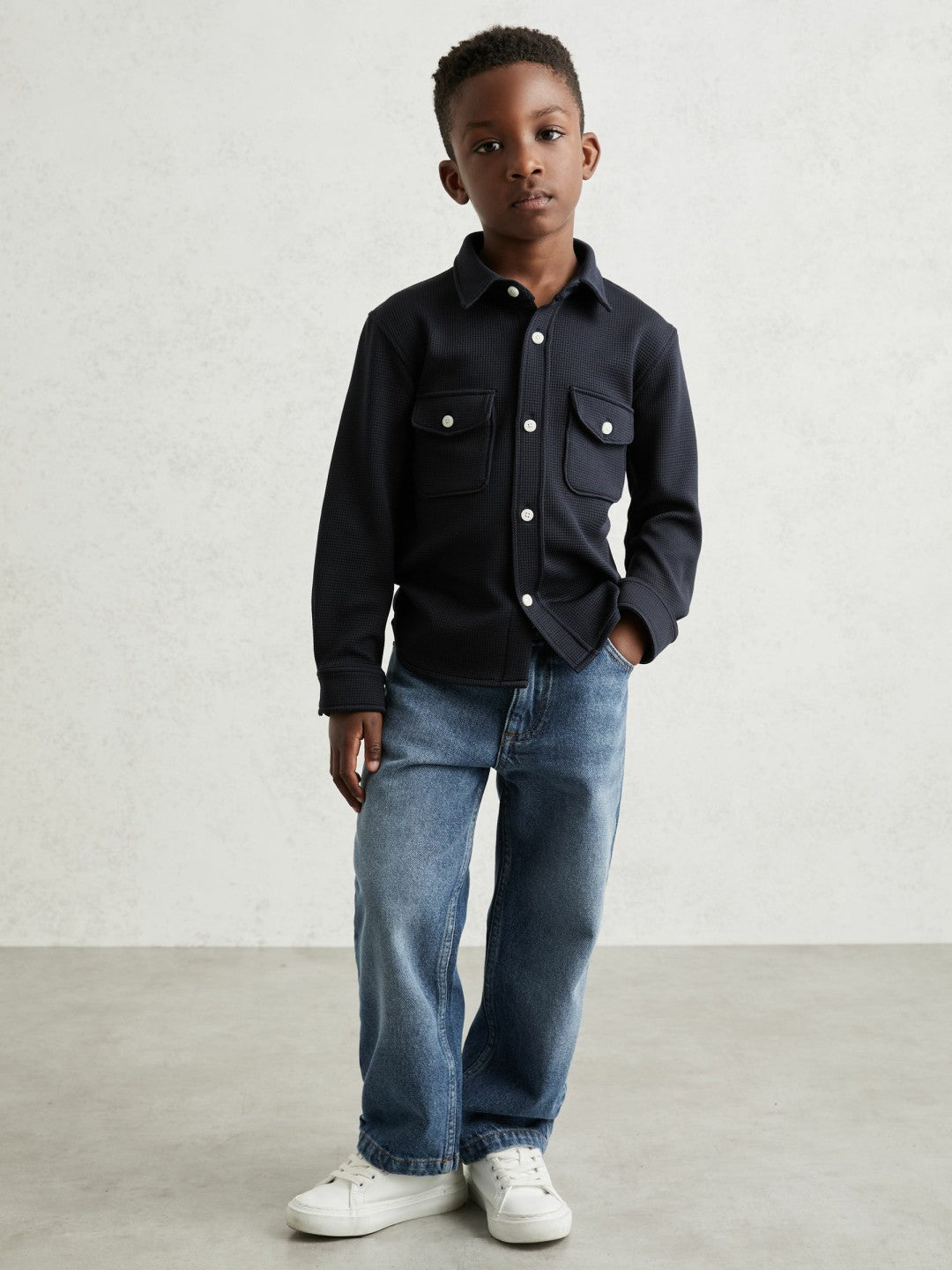 Reiss 9-13 yrs Waffle-Textured Twin-Pocket Overshirt in Navy
