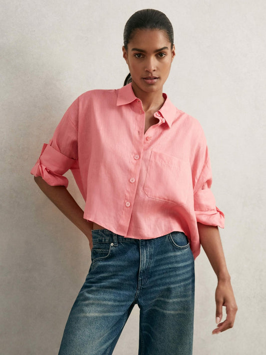 Reiss Oversize Linen Cropped Shirt in Pink