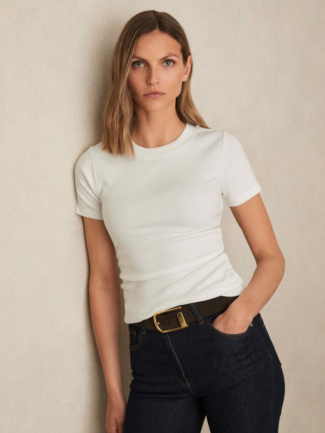 Reiss Stretch-Cotton Ruched Ribbed T-Shirt in White