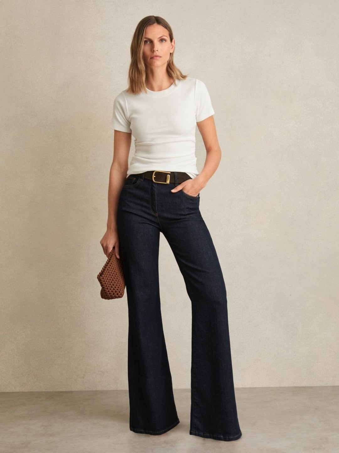 Reiss Stretch-Cotton Ruched Ribbed T-Shirt in White
