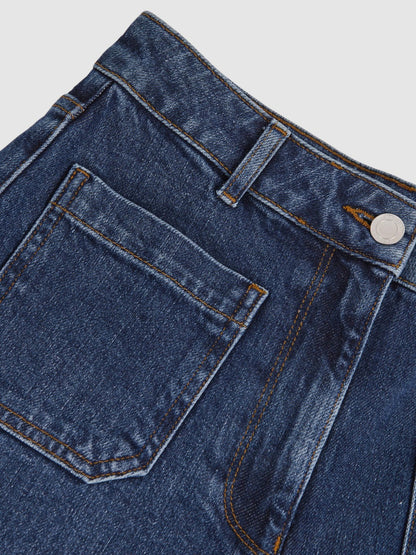 Reiss Petite Straight Leg Patch Pocket Jeans in Mid Blue