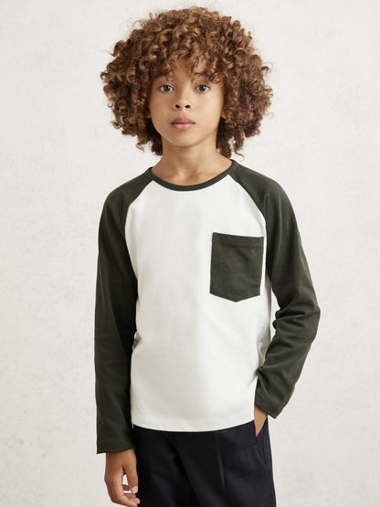 Reiss 13-14 yrs Cotton Colour-Block Long-Sleeve T-Shirt in Green