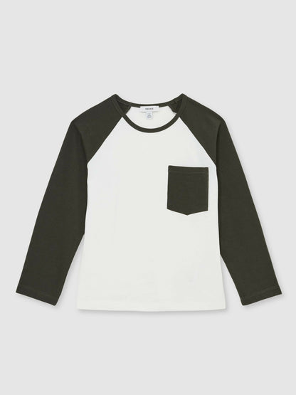 Reiss 13-14 yrs Cotton Colour-Block Long-Sleeve T-Shirt in Green
