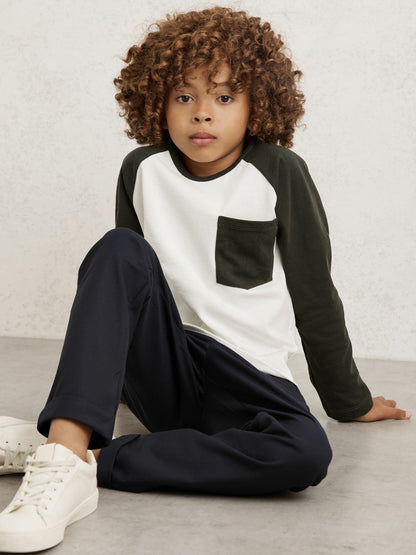 Reiss 13-14 yrs Cotton Colour-Block Long-Sleeve T-Shirt in Green