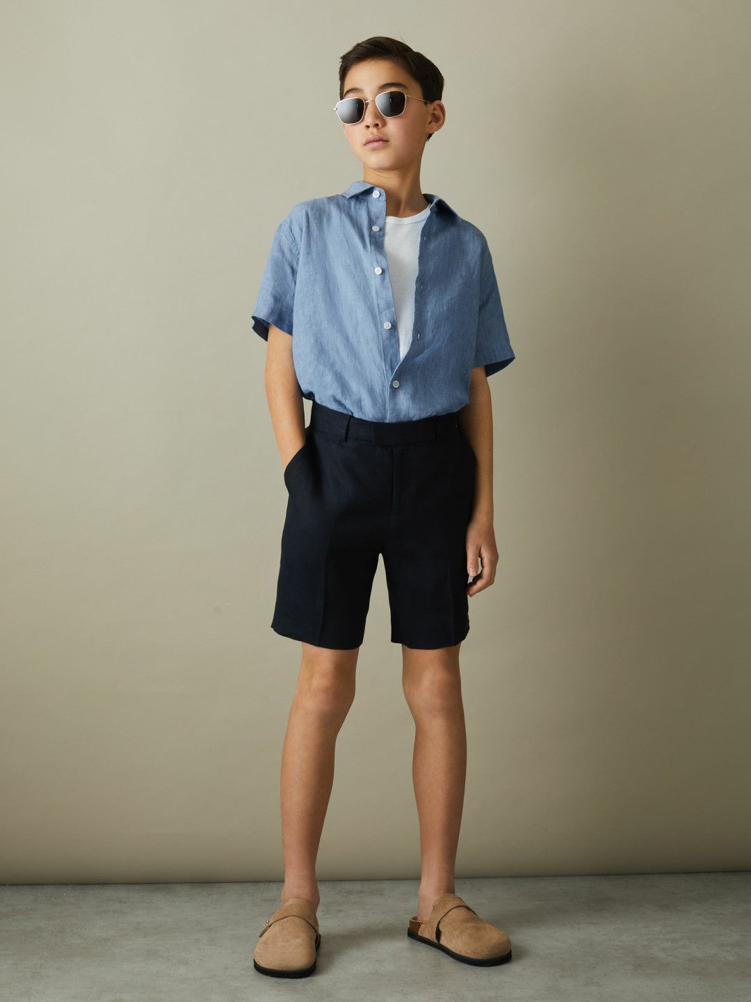 Reiss 3-9 yrs Short Sleeve Linen Shirt in Sky Blue