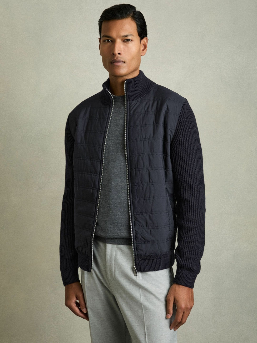 Reiss Hybrid Quilt and Knit Zip-Through Jacket in Navy