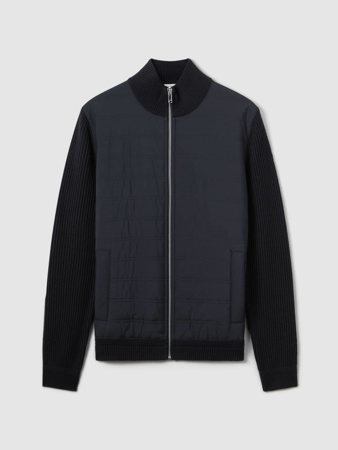 Reiss Hybrid Quilt and Knit Zip-Through Jacket in Navy
