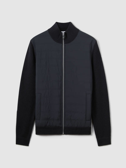 Reiss Hybrid Quilt and Knit Zip-Through Jacket in Navy