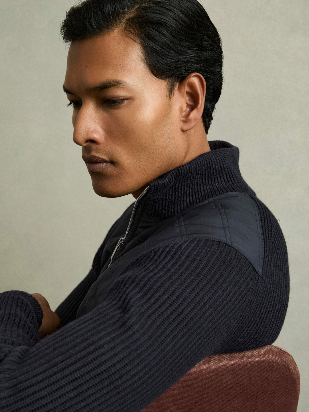 Reiss Hybrid Quilt and Knit Zip-Through Jacket in Navy