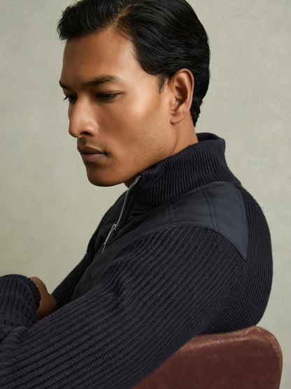 Reiss Hybrid Quilt and Knit Zip-Through Jacket in Navy
