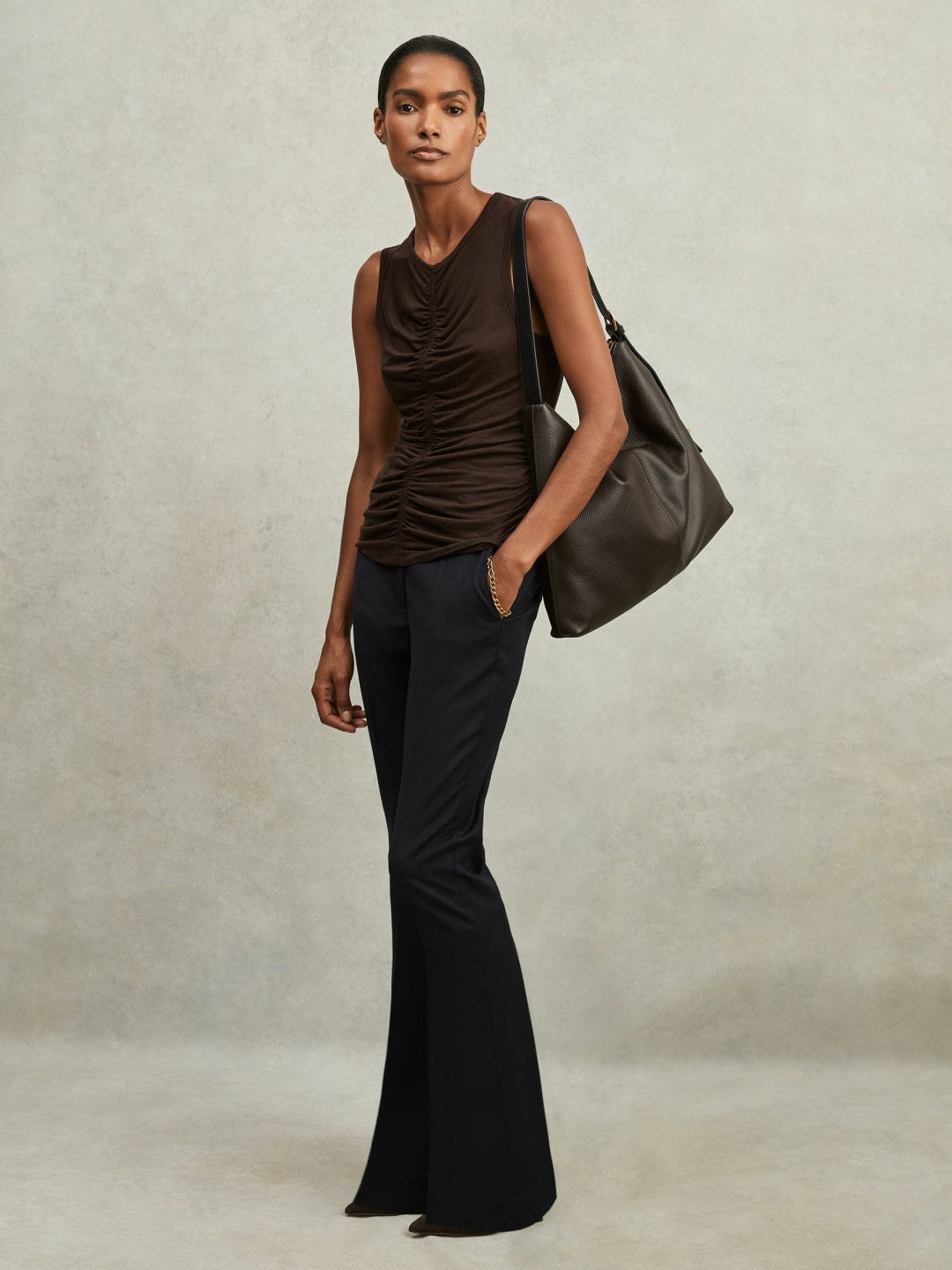 Reiss Wool-Blend Tailored Flared Suit Trousers in Navy