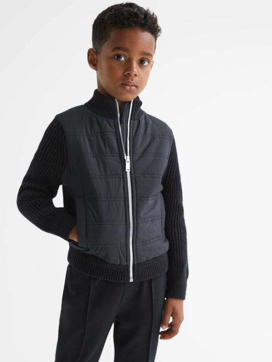 Reiss Junior Hybrid Zip Through Quilted Jacket in Navy