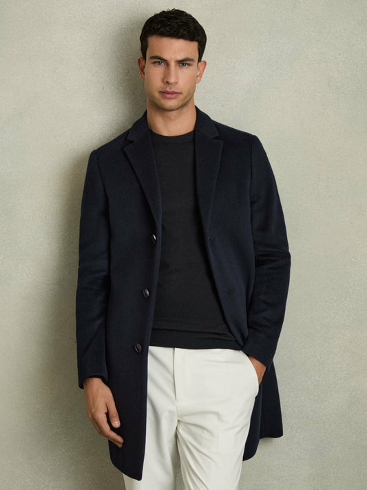 Reiss Wool Blend Single Breasted Epsom Overcoat in Navy